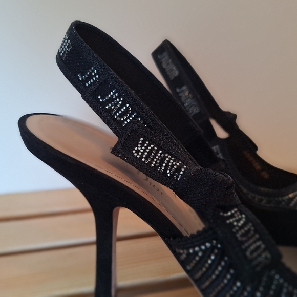 Christian Dior J'Adior Black Slingback Pumps w/ Silvertone Strass Crystal Sz 39 - Picture 7 of 12